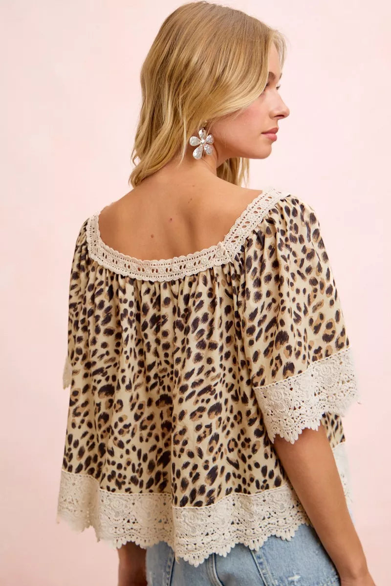 Leopard Lace Mix And Match Square Neckline Short Sleeve Top by BiBi Back View