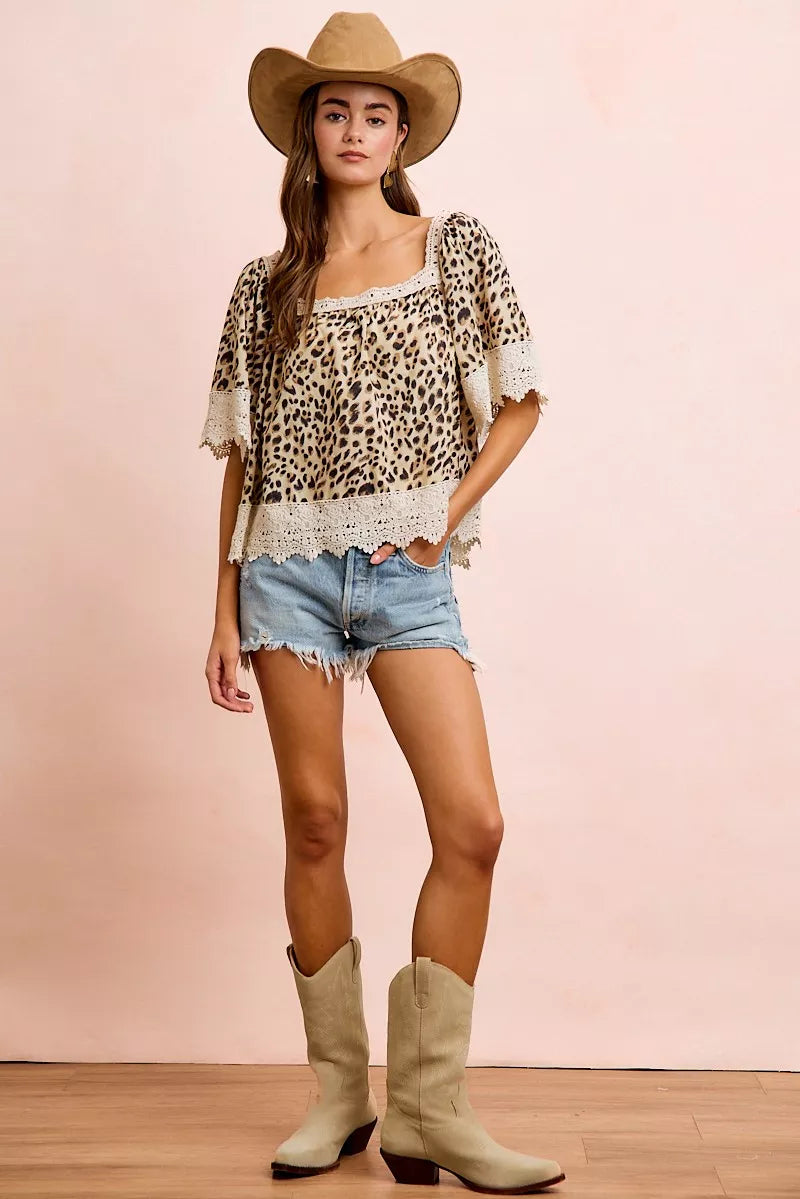Leopard Lace Mix And Match Square Neckline Short Sleeve Top by BiBi Full View