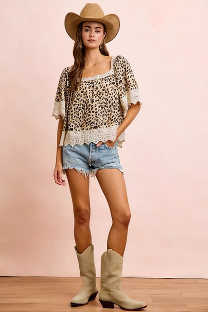 Leopard Lace Mix And Match Square Neckline Short Sleeve Top by BiBi Full View