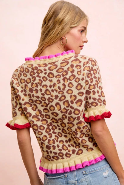 Leopard Print Ruffle Detail Contrast Trim Button Cardigan by BiBi Back View