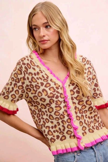 Leopard Print Ruffle Detail Contrast Trim Button Cardigan by BiBi