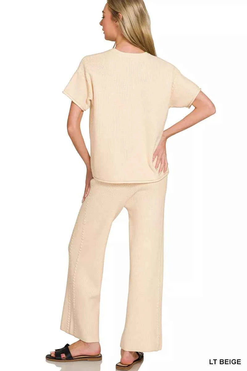 Light Beige Viscose Round Neck Top & Pants Set by Zenana