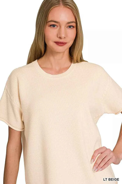 Light Beige Viscose Round Neck Top & Pants Set by Zenana