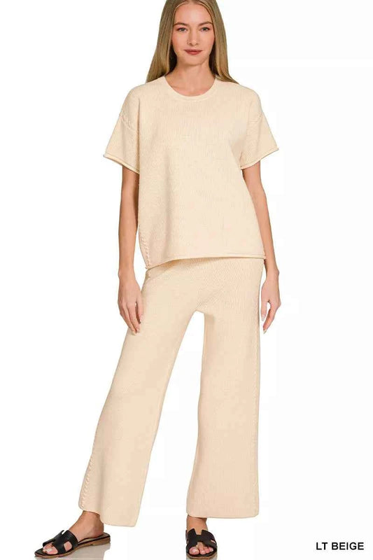 Light Beige Viscose Round Neck Top & Pants Set by Zenana