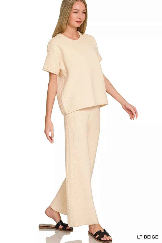 Light Beige Viscose Round Neck Top & Pants Set by Zenana
