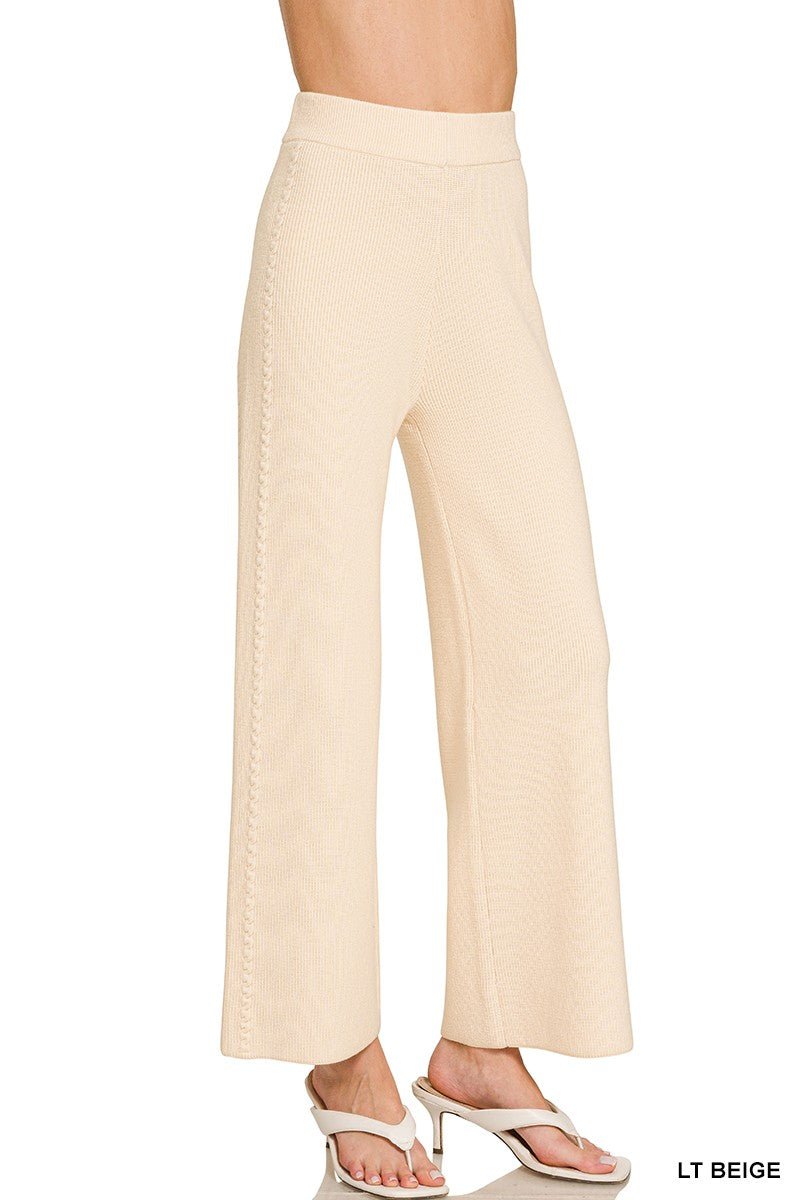 Light Beige Viscose Sweater Pants by Zenana Front View