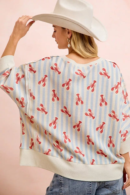 Light Blue 4th Of July Lobsters Stripe Waffle Knit 3/4 Sleeve Top by BiBi Back View