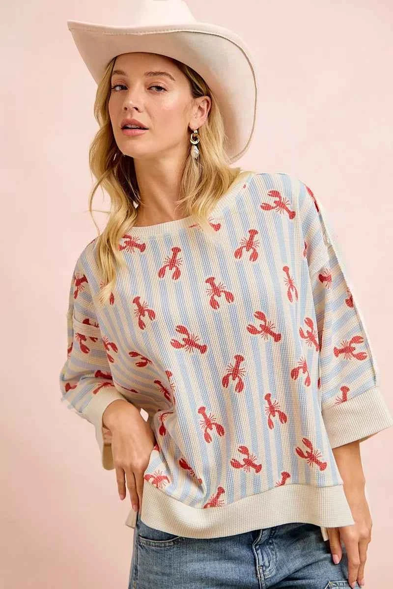 Light Blue 4th Of July Lobsters Stripe Waffle Knit 3/4 Sleeve Top by BiBi Front View