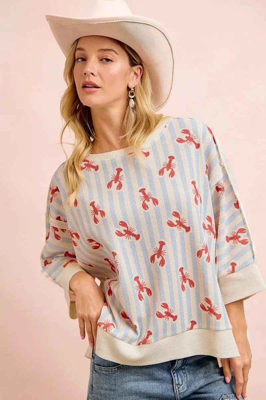 Light Blue 4th Of July Lobsters Stripe Waffle Knit 3/4 Sleeve Top by BiBi Front View