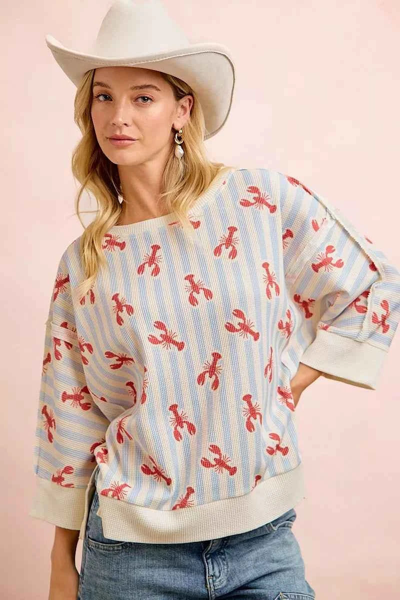Light Blue 4th Of July Lobsters Stripe Waffle Knit 3/4 Sleeve Top by BiBi Front View 2