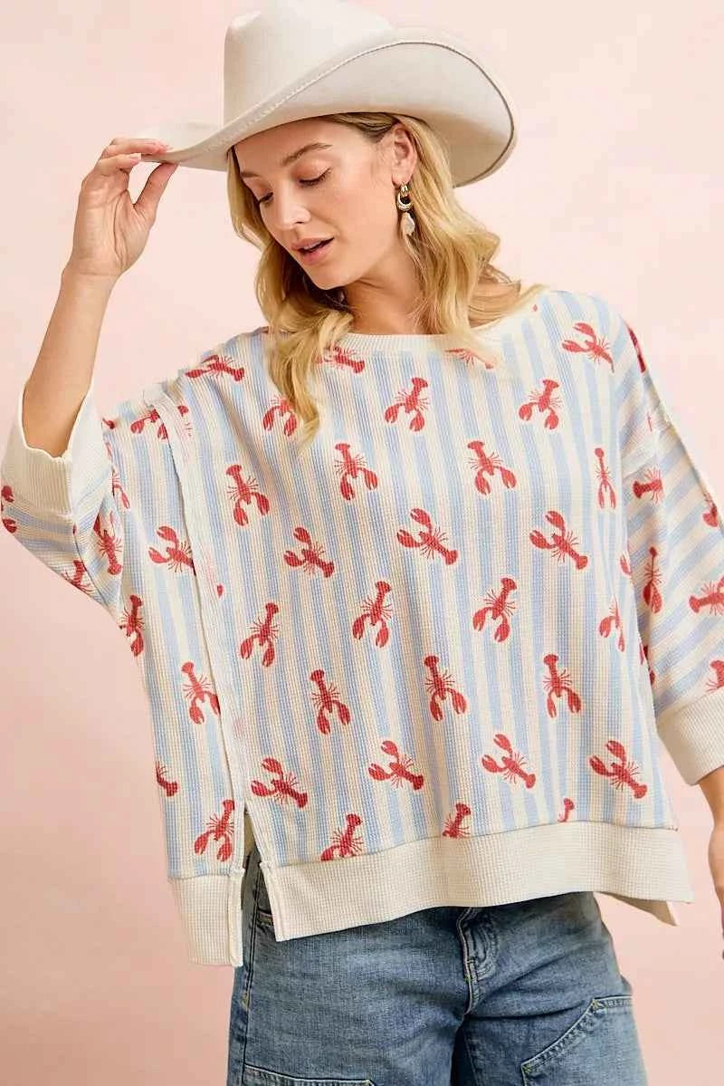 Light Blue 4th Of July Lobsters Stripe Waffle Knit 3/4 Sleeve Top by BiBi Front View 3