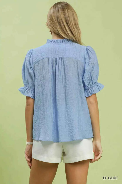 Light Blue Textured Button-Front Puff Sleeve Top by Umgee