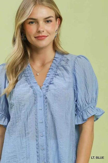 Light Blue Textured Button-Front Puff Sleeve Top by Umgee