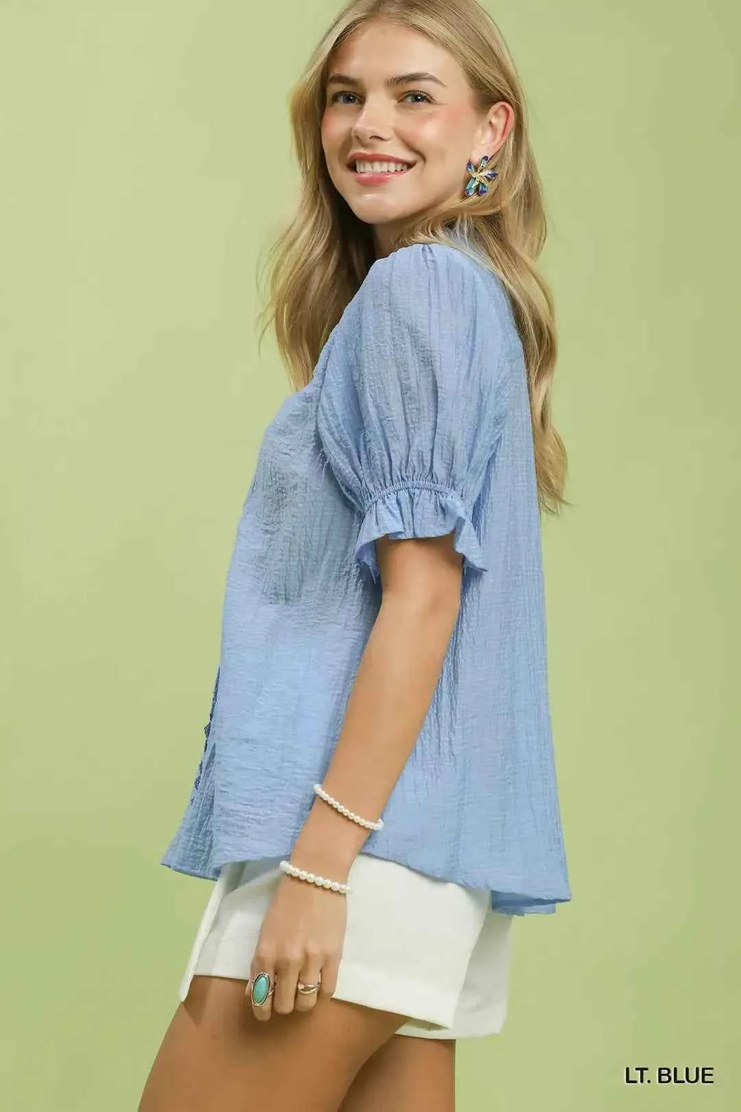 Light Blue Textured Button-Front Puff Sleeve Top by Umgee