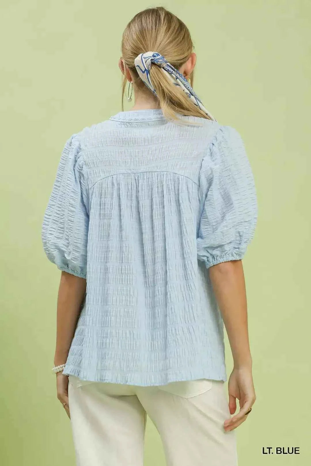 Light Blue Textured Puff Sleeve Blouse by Umgee Back View