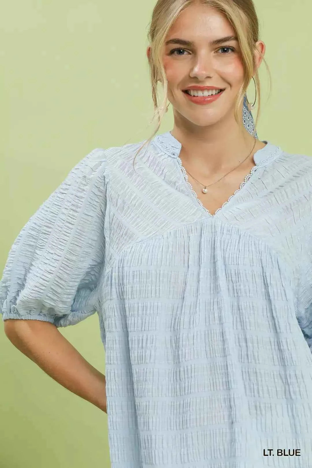 Light Blue Textured Puff Sleeve Blouse by Umgee Close View