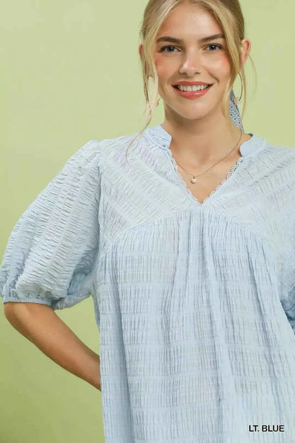 Light Blue Textured Puff Sleeve Blouse by Umgee Close View