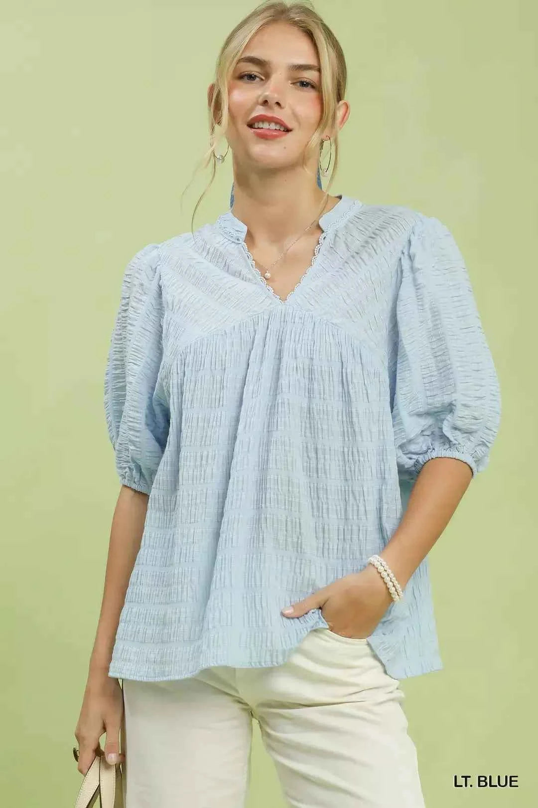 Light Blue Textured Puff Sleeve Blouse by Umgee Front View