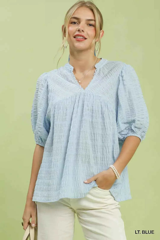 Light Blue Textured Puff Sleeve Blouse by Umgee Front View