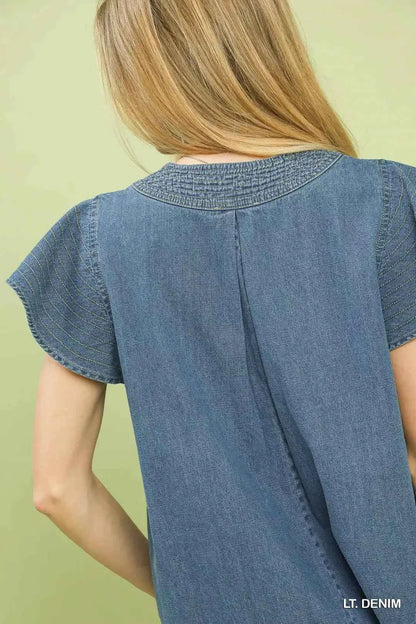 Light Demin Cap Sleeve Denim Top by Umgee