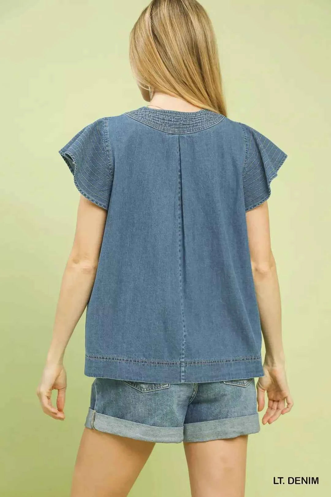 Light Demin Cap Sleeve Denim Top by Umgee
