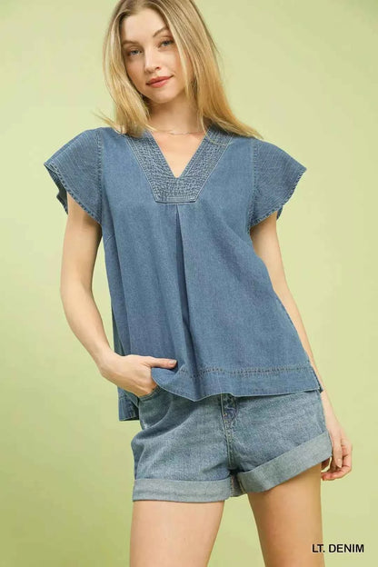 Light Demin Cap Sleeve Denim Top by Umgee