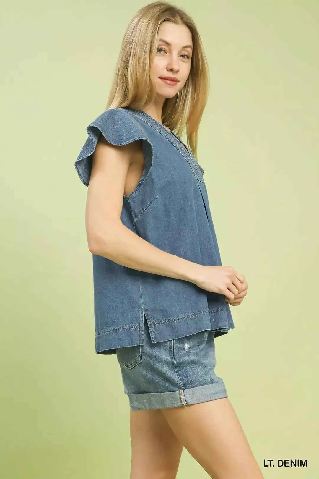 Light Demin Cap Sleeve Denim Top by Umgee