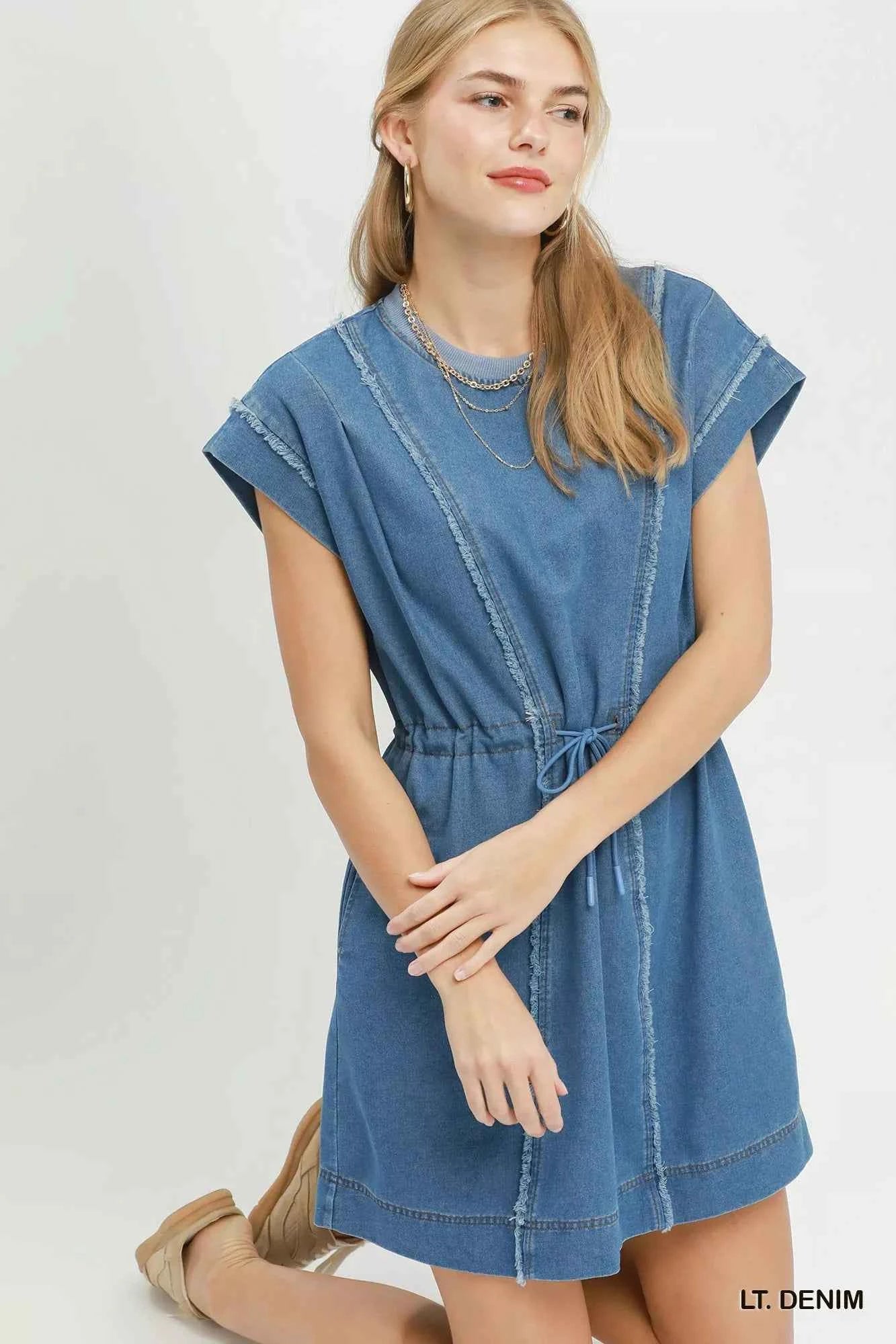 Light Denim Frayed Seam Drawstring Mini Dress with Pockets by Umgee