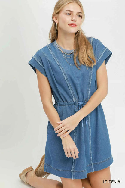 Light Denim Frayed Seam Drawstring Mini Dress with Pockets by Umgee