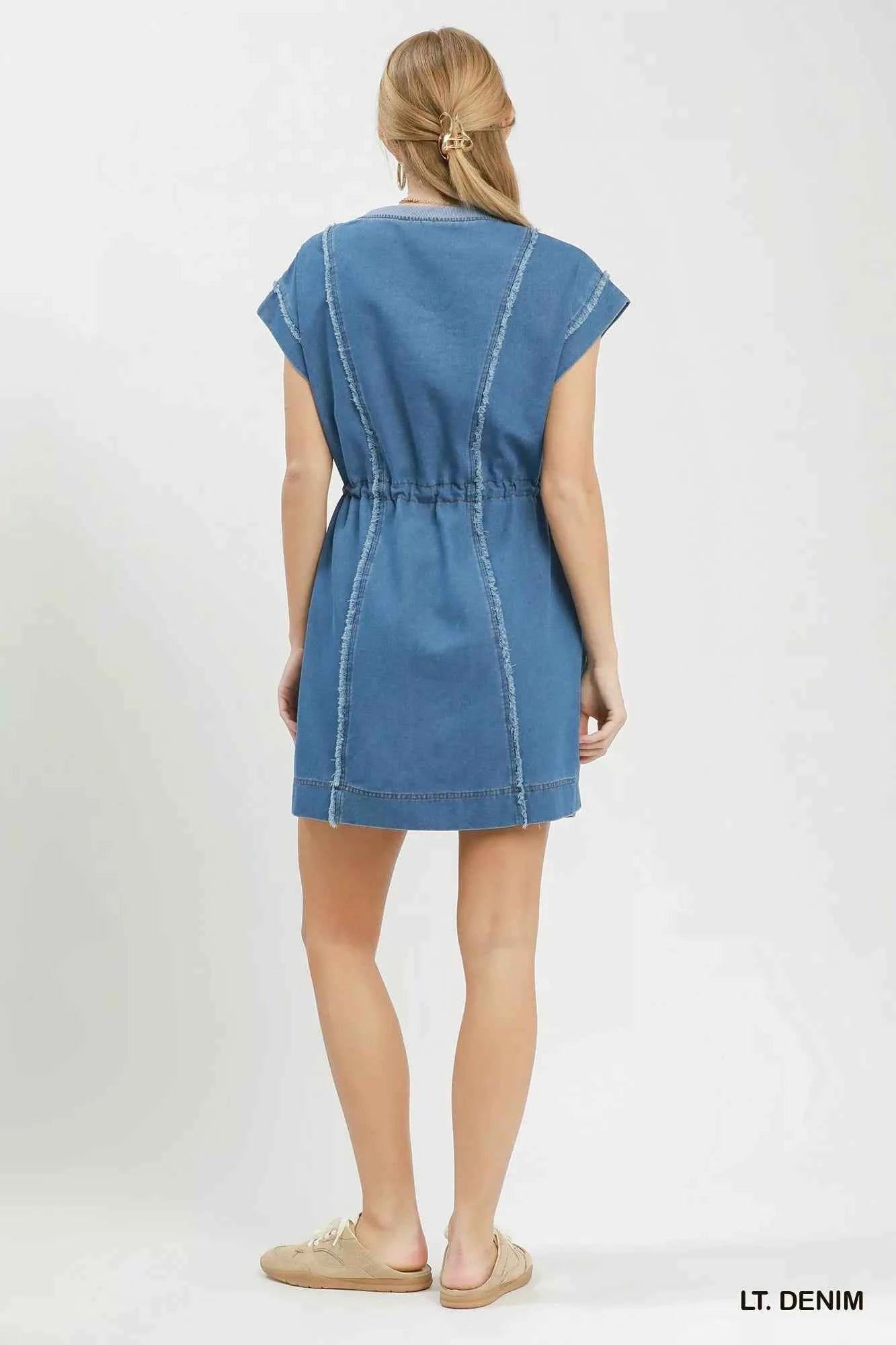 Light Denim Frayed Seam Drawstring Mini Dress with Pockets by Umgee