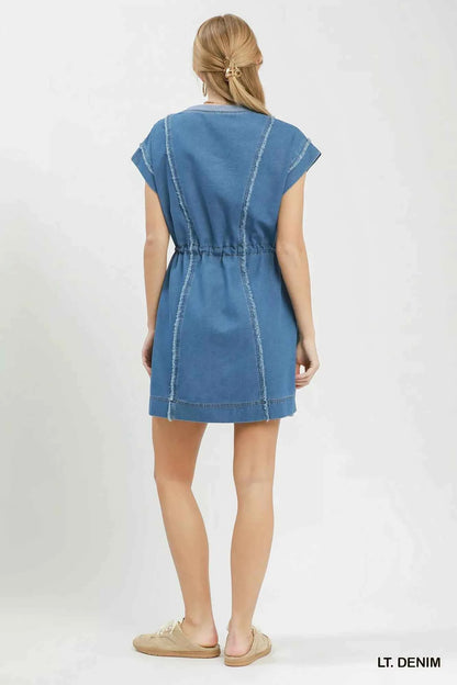 Light Denim Frayed Seam Drawstring Mini Dress with Pockets by Umgee