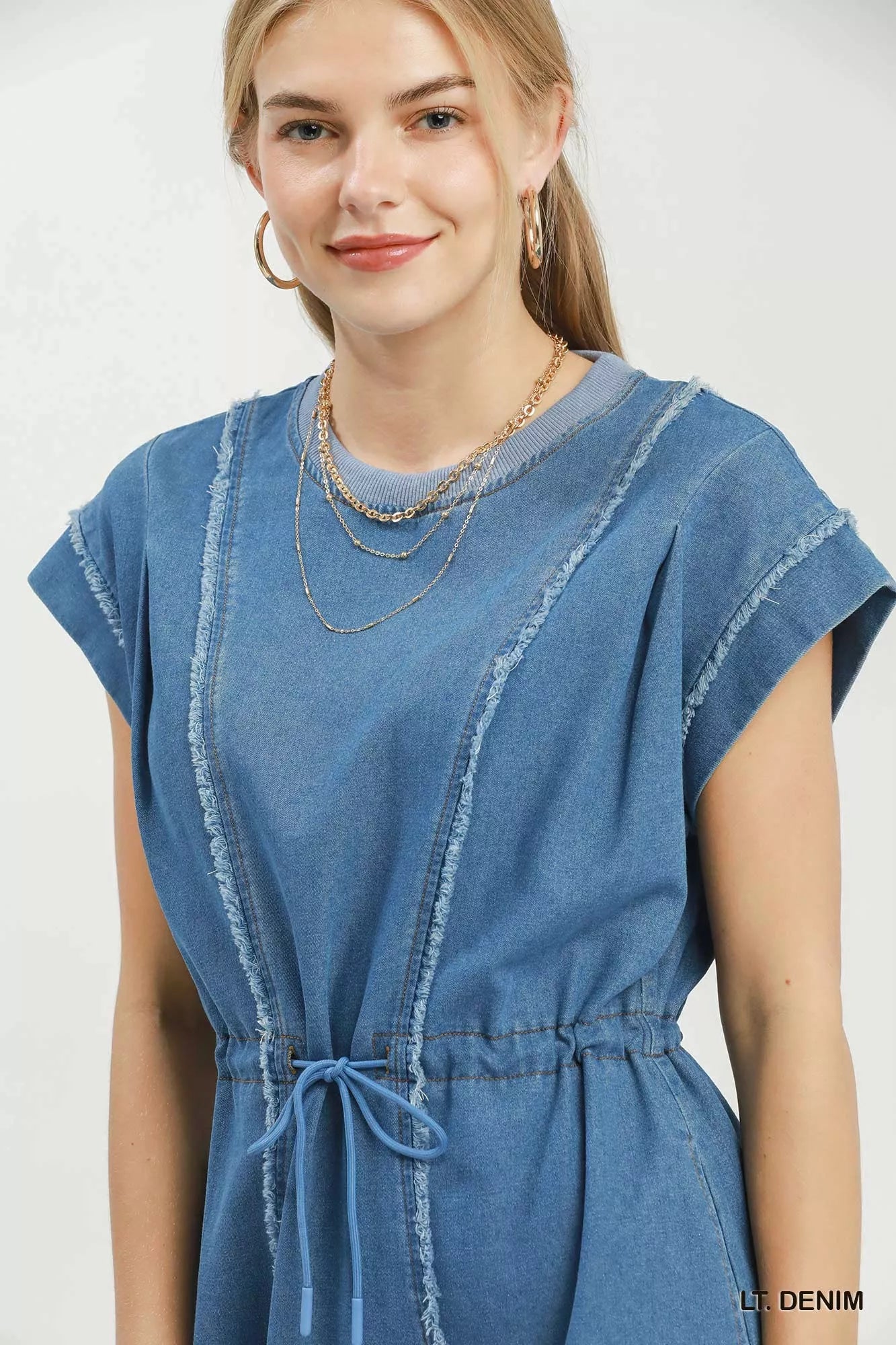 Light Denim Frayed Seam Drawstring Mini Dress with Pockets by Umgee Close View