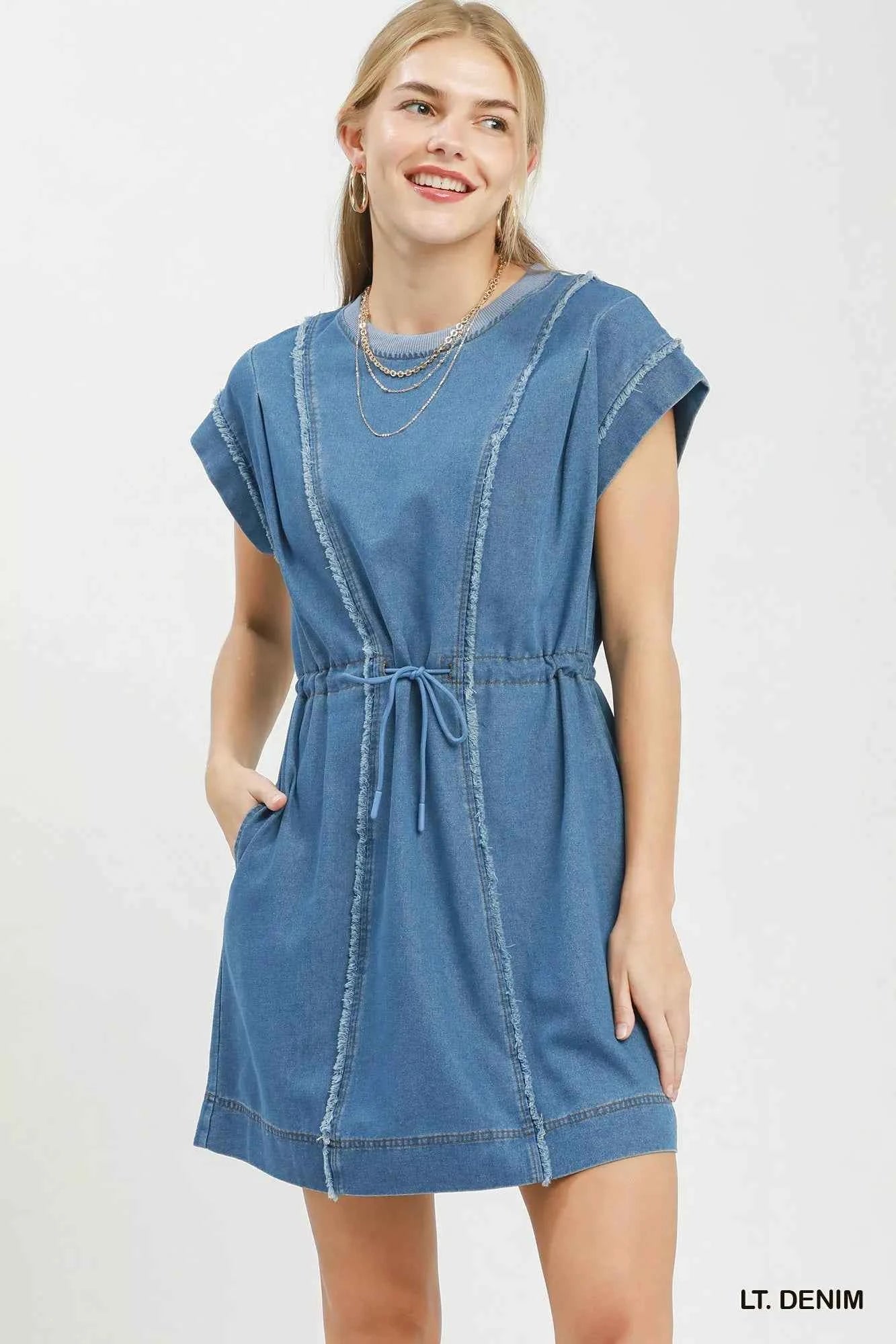 Light Denim Frayed Seam Drawstring Mini Dress with Pockets by Umgee