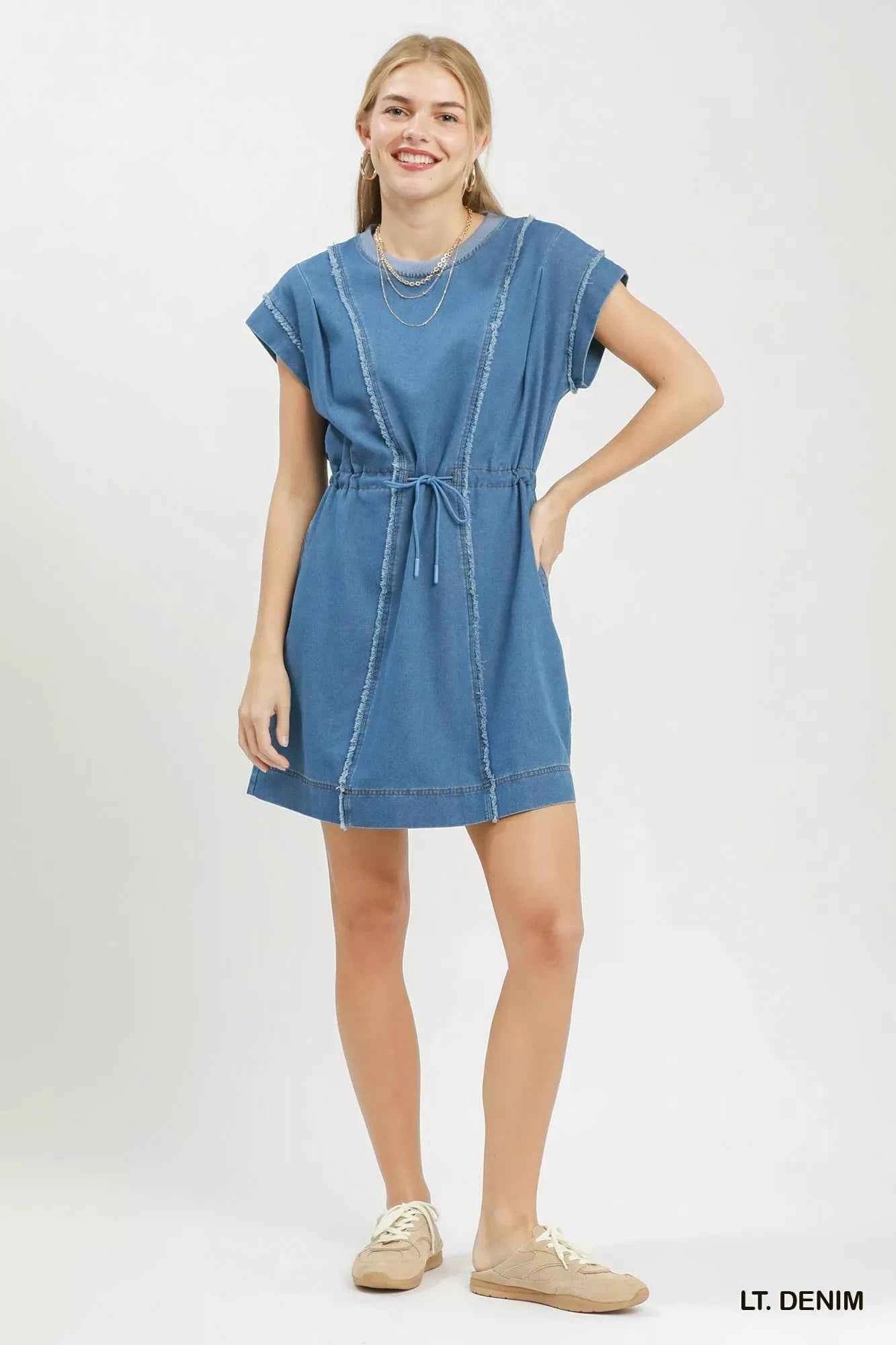 Light Denim Frayed Seam Drawstring Mini Dress with Pockets by Umgee