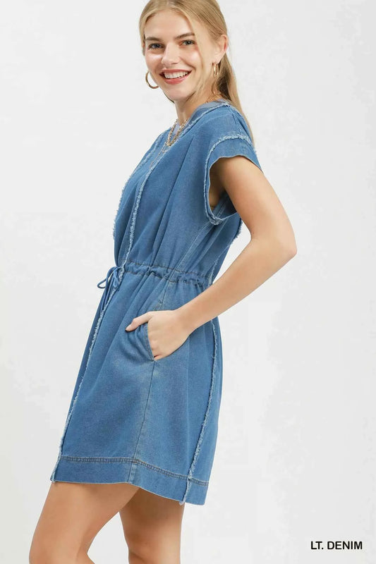 Light Denim Frayed Seam Drawstring Mini Dress with Pockets by Umgee