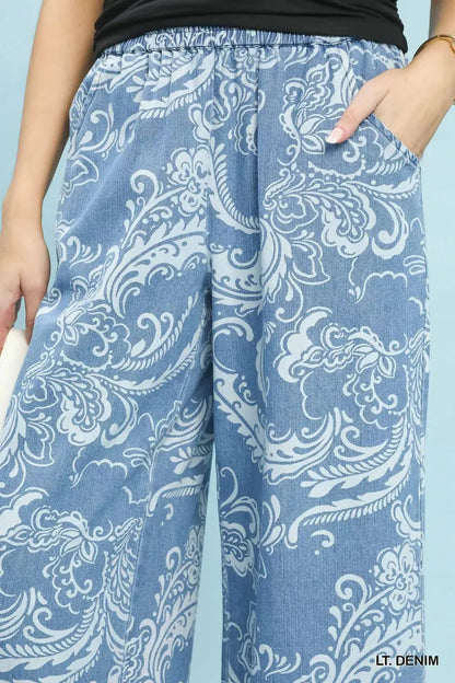 Light Denim Stone Wash Floral Print Wide Leg Crop Pants by Umgee Close View