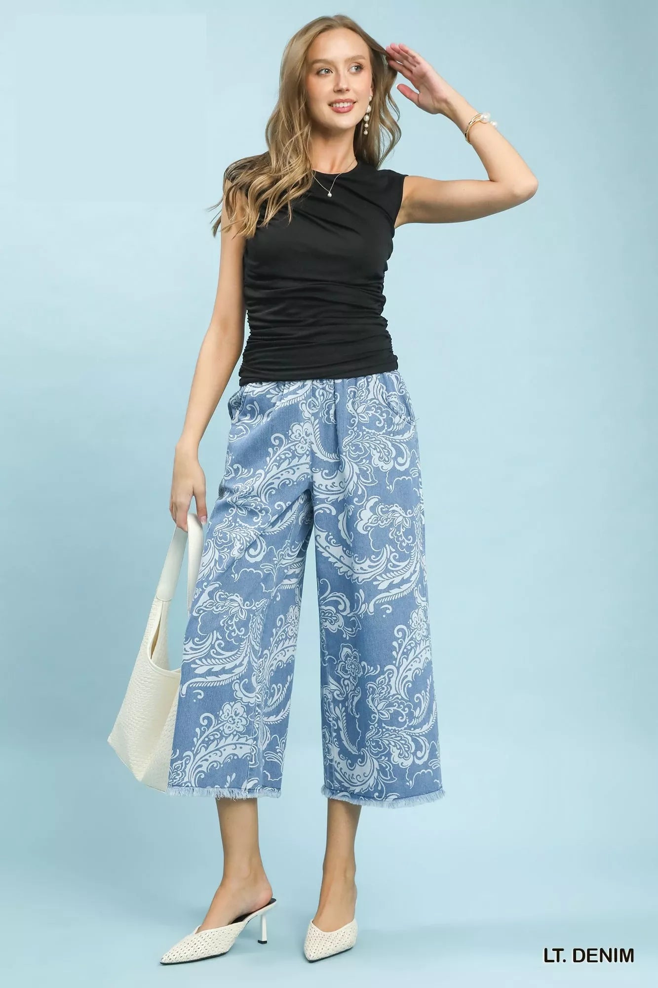 Light Denim Stone Wash Floral Print Wide Leg Crop Pants by Umgee Full View