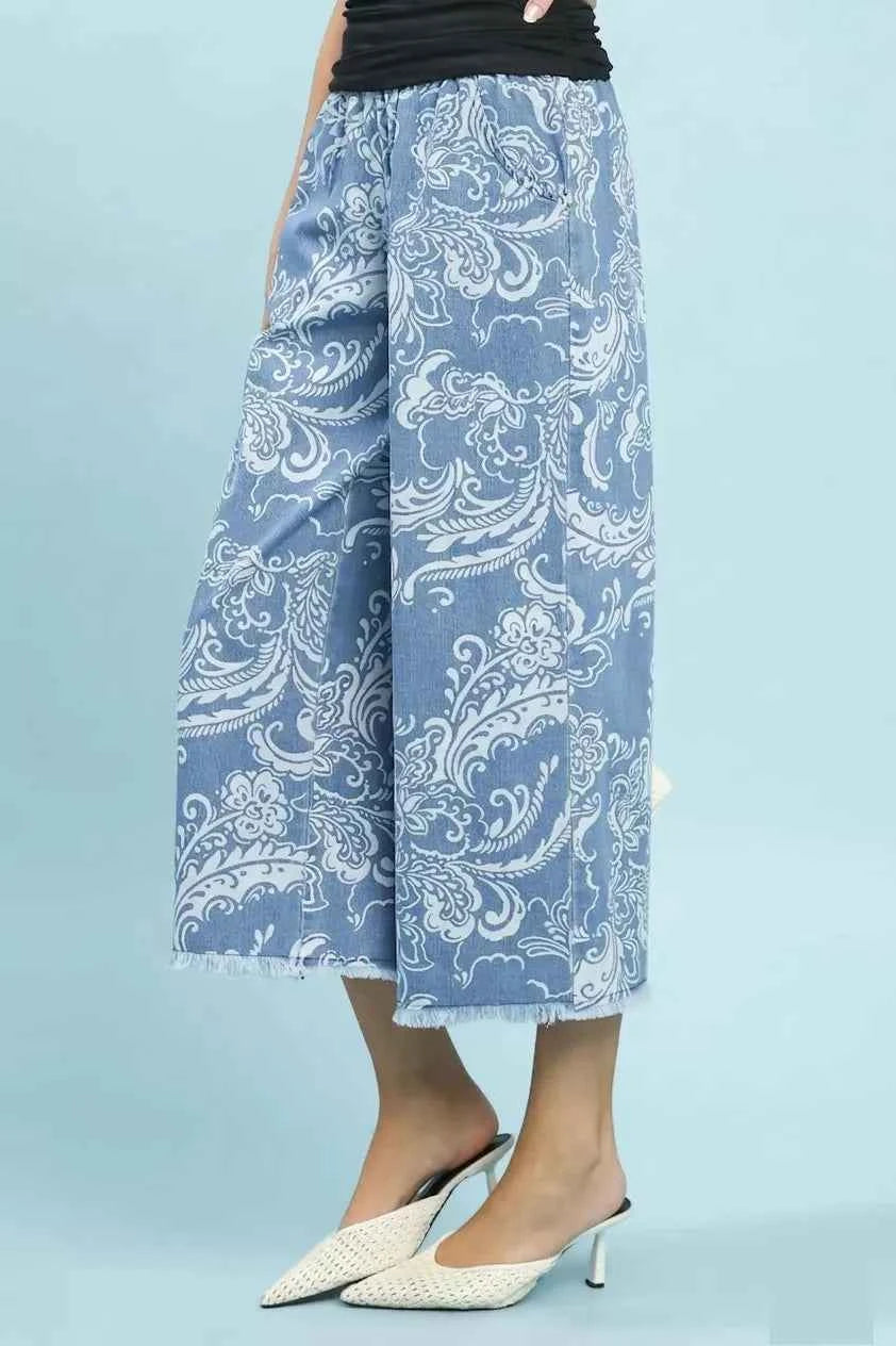 Light Denim Stone Wash Floral Print Wide Leg Crop Pants by Umgee