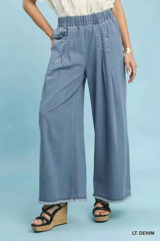 Light Denim Stone Washed Wide Leg Raw Hem Pants w/ Pockets by Umgee