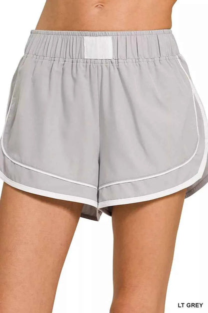 Light Grey Soft Woven Dolphin Shorts by Zenana Front View