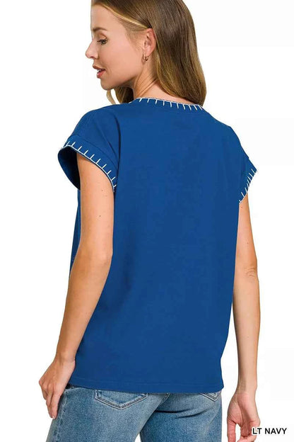 Light Navy Stitch Detailed Oversize Top by Zenana