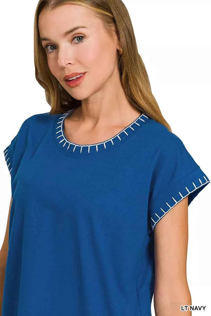 Light Navy Stitch Detailed Oversize Top by Zenana