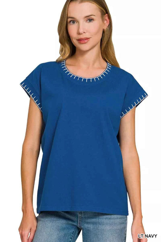 Light Navy Stitch Detailed Oversize Top by Zenana