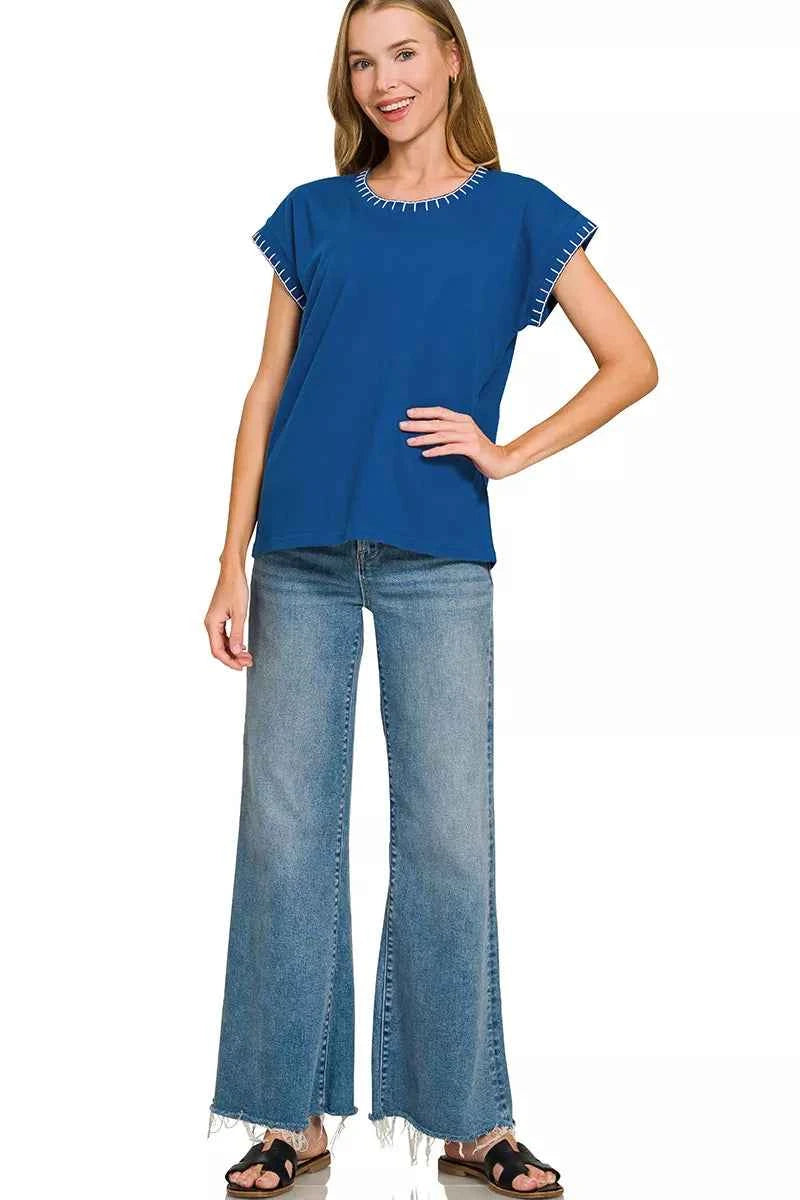 Light Navy Stitch Detailed Oversize Top by Zenana