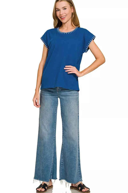 Light Navy Stitch Detailed Oversize Top by Zenana