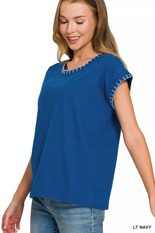 Light Navy Stitch Detailed Oversize Top by Zenana