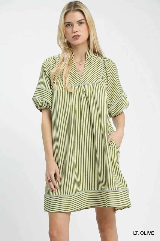 Light Olive Striped Shift Dress w/ Puff Sleeves & Pockets by Umgee Front View