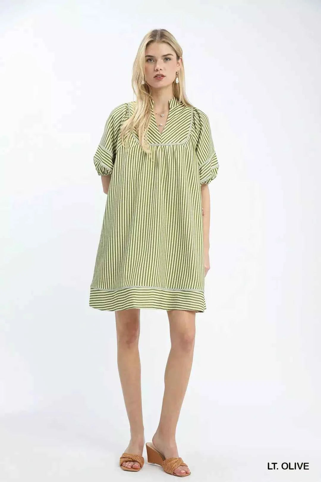 Umgee Striped Puff Sleeve Shift Dress Full View