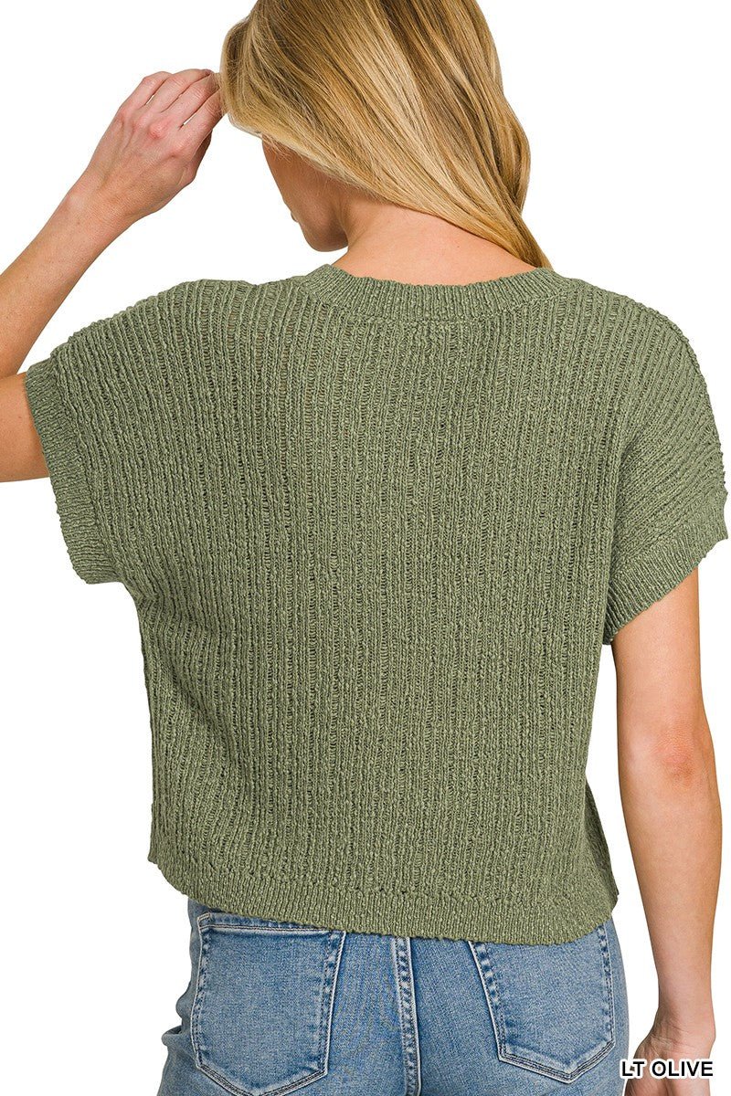 Light Olive Textured Knit V-Neck Cropped Sweater by Zenana Back View