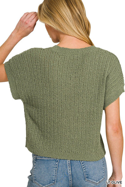 Light Olive Textured Knit V-Neck Cropped Sweater by Zenana Back View